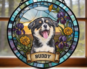 Personalized Pet Portrait Stained Glass, Custom Dog Glass Suncatcher, Sympathy Gifts, Dog Loss Keepsake