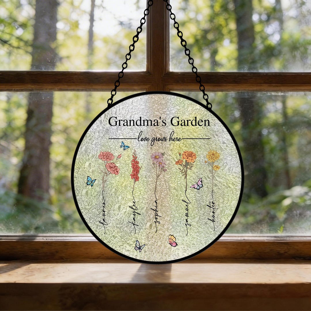 Grandma's Garden Stained Glass, Personalized Love Grows Here Suncatcher ...