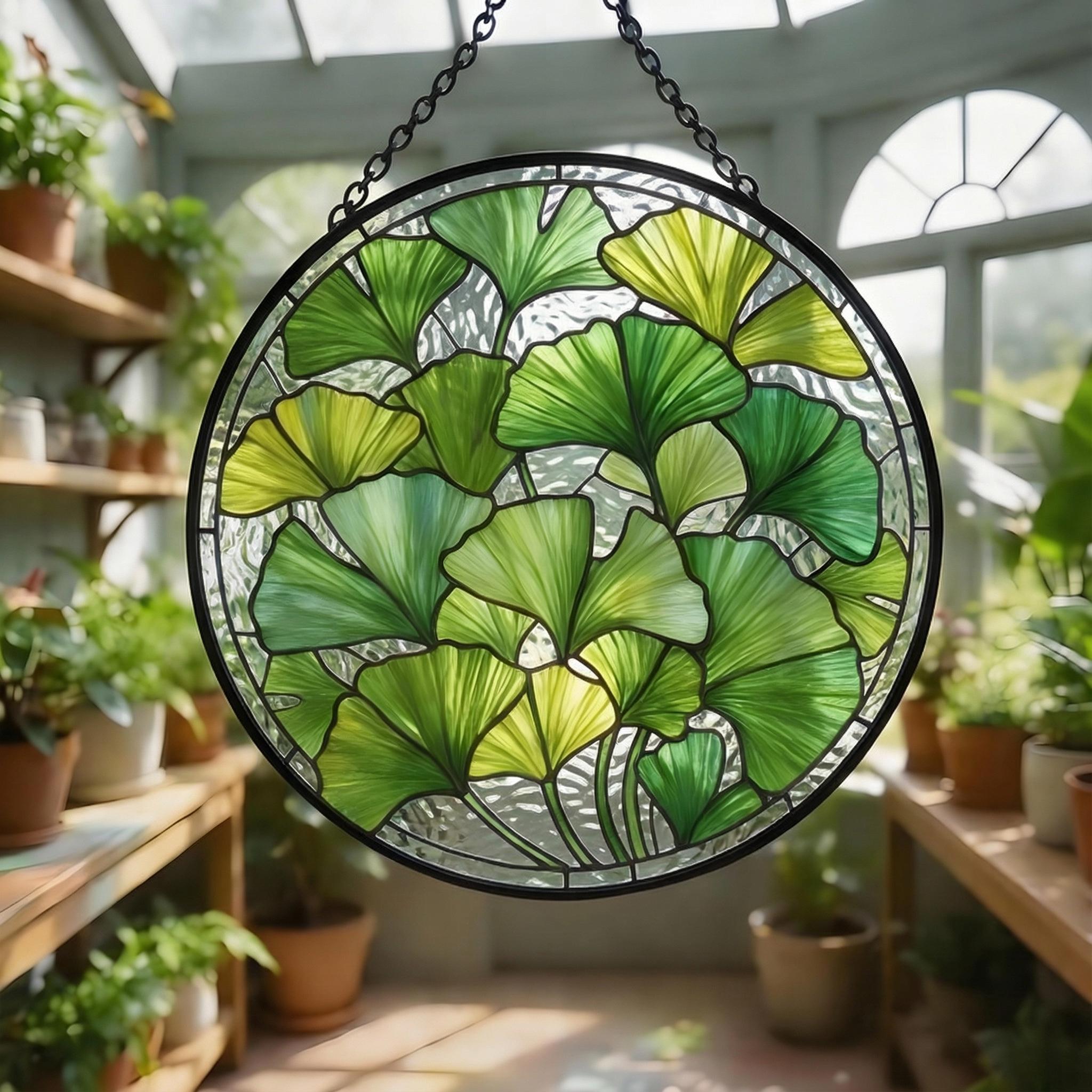 Gingko Window Stained Glass Plant Suncatcher, Ginkgo Window Hanging, Tropical Window ...