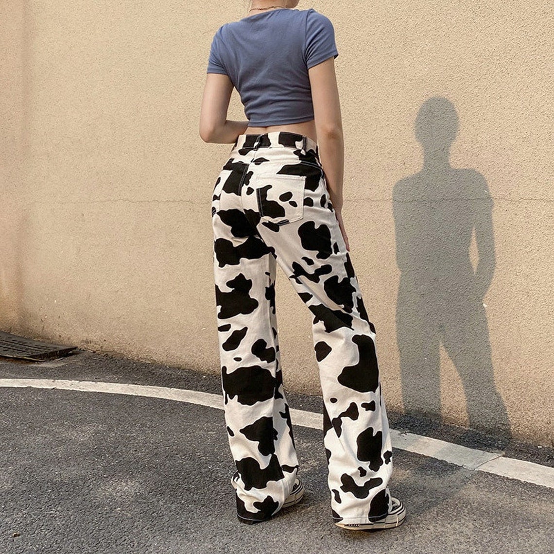 Cow Print High Waisted Casual Flare Jeans y2k Streetwear | Etsy