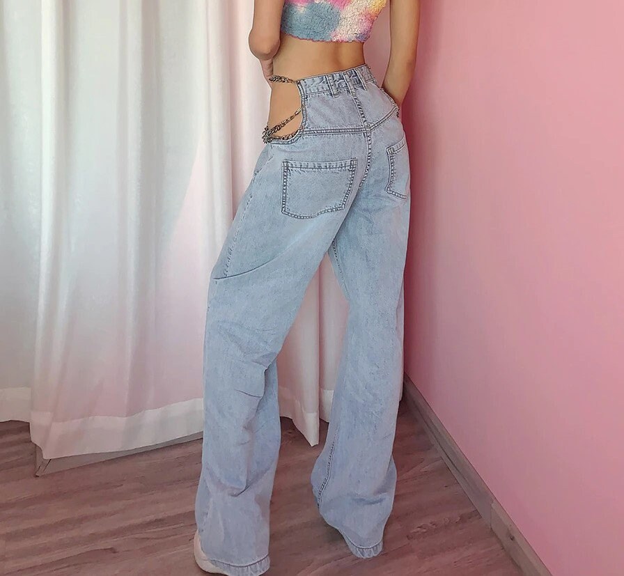 Side Chain Decorated High Waisted Sexy Denim Jeans y2k | Etsy