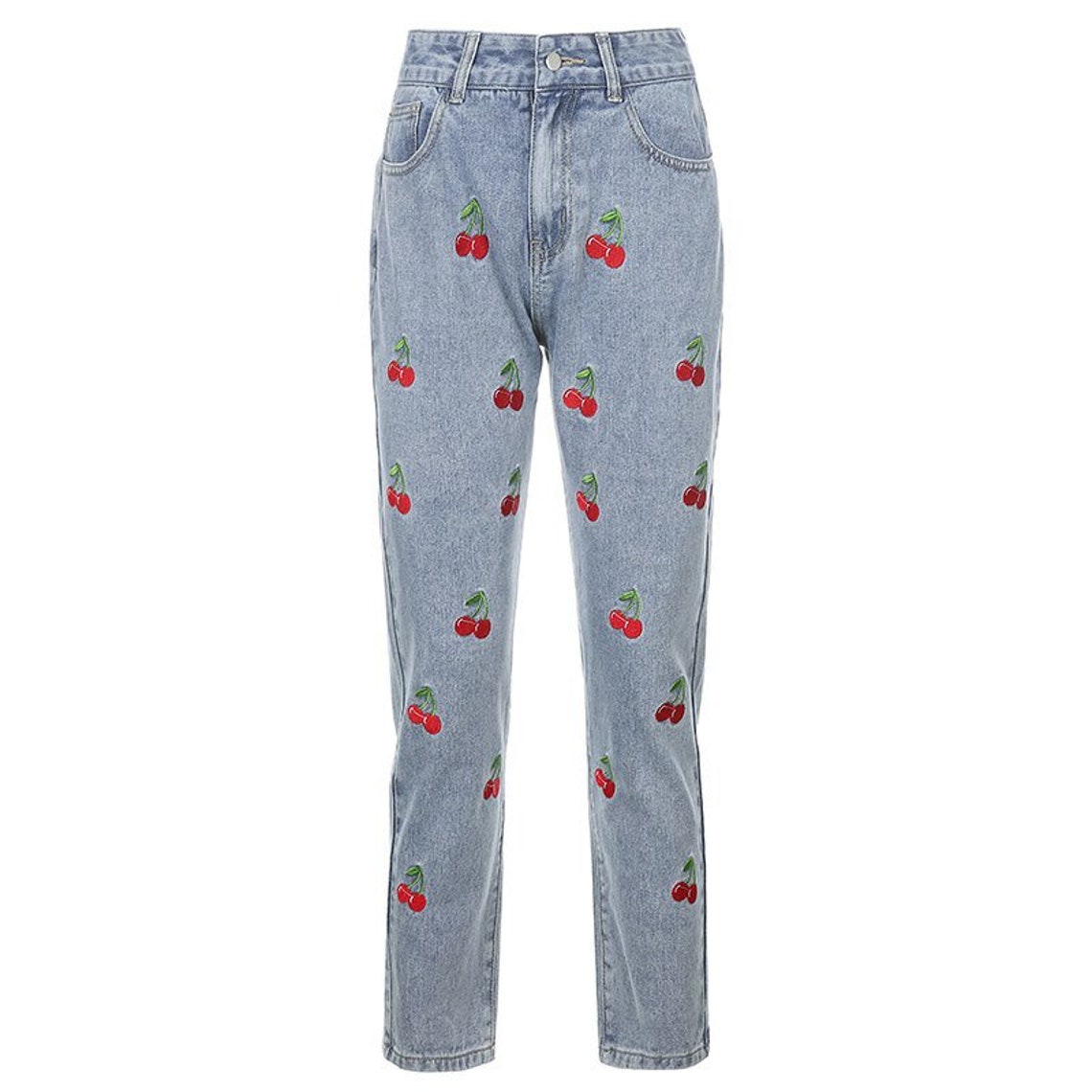 Cherry Pattern Elastic High Waisted Slim Jeans y2k Etsy