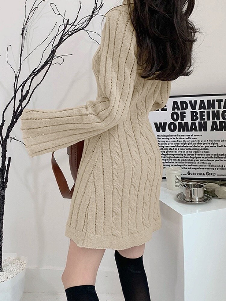 Sexy Flared Long Sleeve Turtleneck Cable Knit Mini Dress Y2k | Etsy