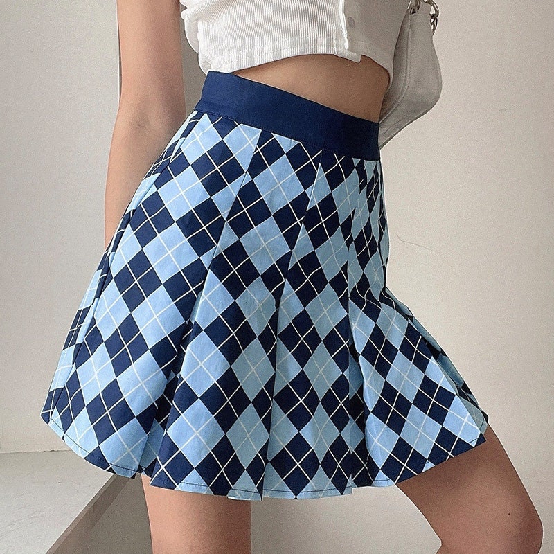 Blue Argyle Plaid High Waisted Pleated Mini Skirt y2k Preppy | Etsy