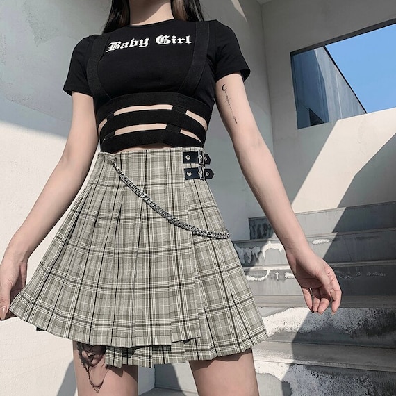 Chain Decorated High Waisted Plaid Pleated Mini Skirt Y2k | Etsy