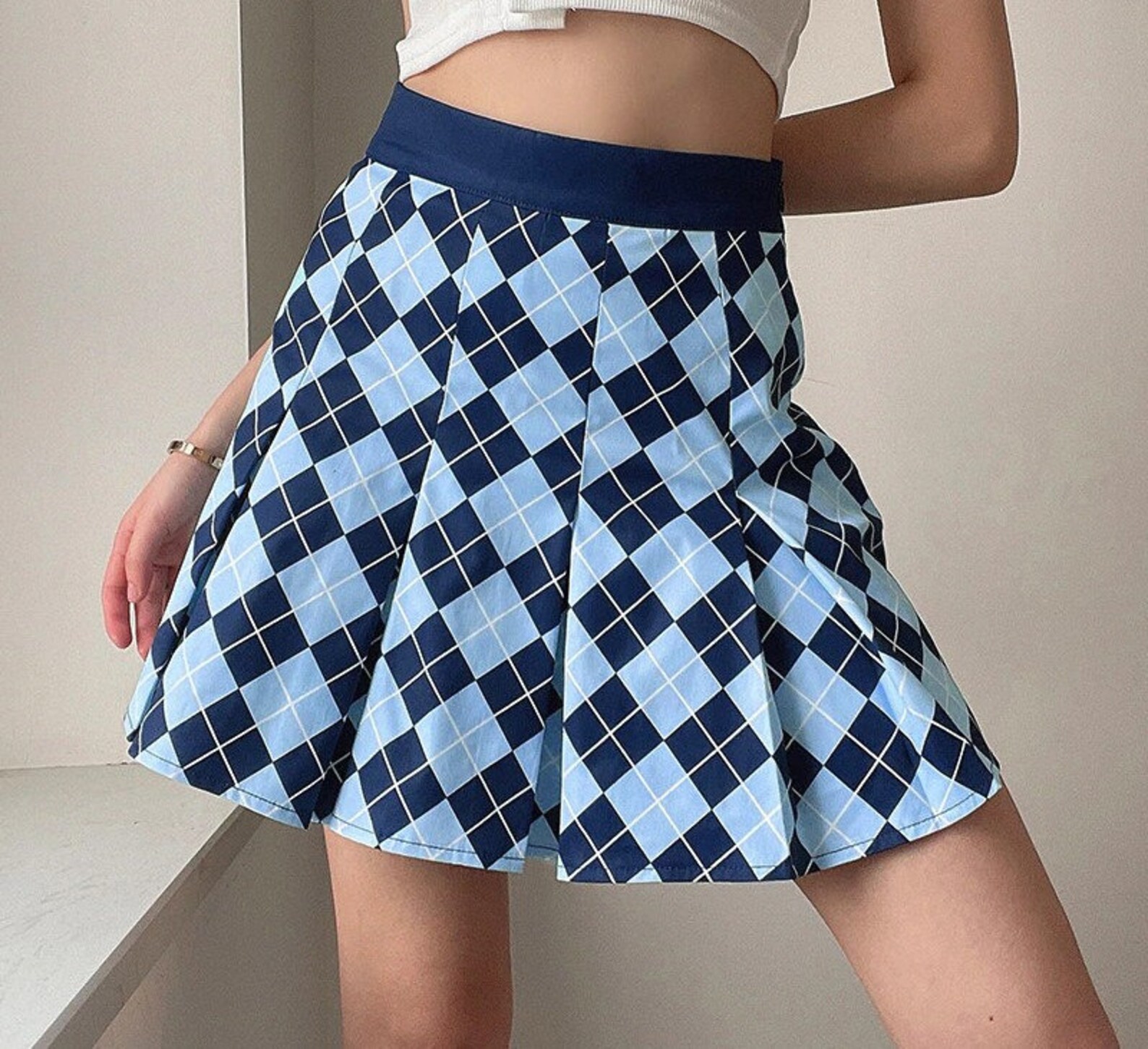 Blue Argyle Plaid High Waisted Pleated Mini Skirt y2k Preppy | Etsy