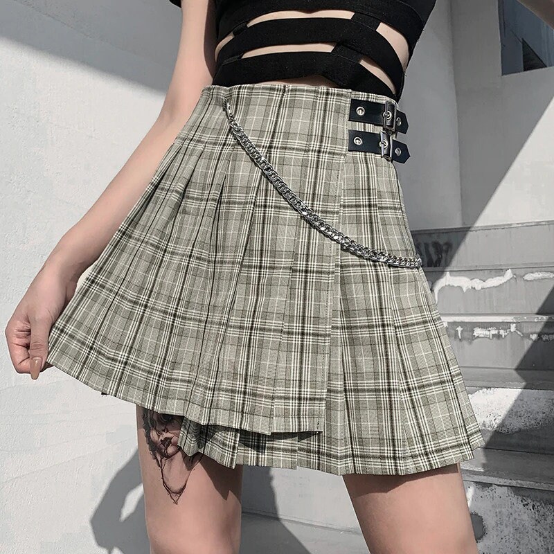 Chain Decorated High Waisted Plaid Pleated Mini Skirt y2k | Etsy