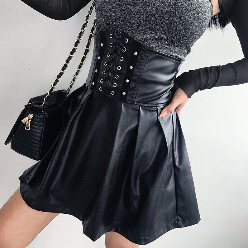 Eyelet Belt High Waisted Pleated Leather Midi Skirt Gothic | Etsy