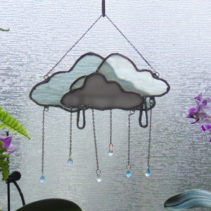 Stormy little Rain Clouds stained glass suncatcher with rainbow shower of crystal rain drops,  whispy grey and black glass