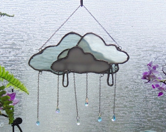 Stormy little Rain Clouds stained glass suncatcher with rainbow shower of crystal rain drops,  whispy grey and black glass