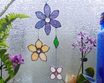 Cascade of flowers, Boho Stained glass Sun Catcher, Dancing Peach and Purple Home Decor window hanging, Handmade Glass Art Gift