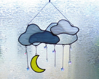 Moon and Crystal Stars Stained Glass Sun Catcher with Grey Misty Clouds