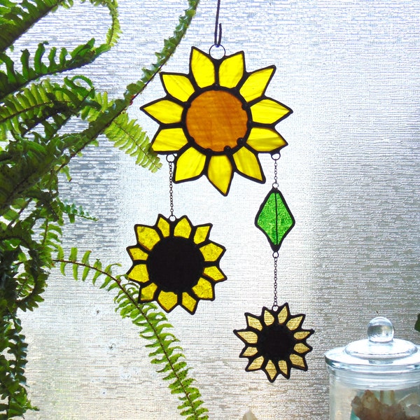 Cascading Stained Glass Sunflowers, Boho Window Decoration, Bright Yellow and Gold. Gift for Mother's Day, House warming, Birthdays