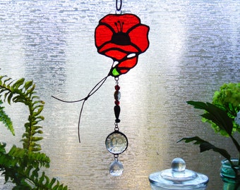 Stained Glass red Poppy flower suncatcher, Remembrance, August birth flower, with cut glass crystal globe with beads.