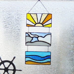Summer Beach Scene, 3 Panel Stained Glass Suncatcher with Sun, Waves and Sand and blue skies. Ocean theme for beach lovers.