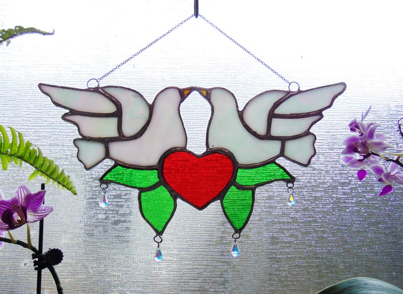 Under blast sales Love Birds suncatcher Cheap mail order sales Stained glass Doves White art Heart with