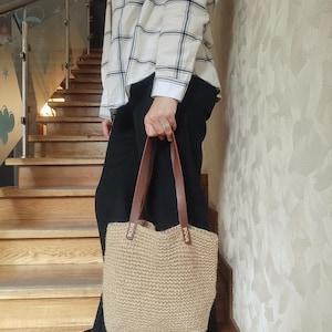 Handmade Jute Tote Bag: Leather Handles, Rustic Boho Shoulder Bag
