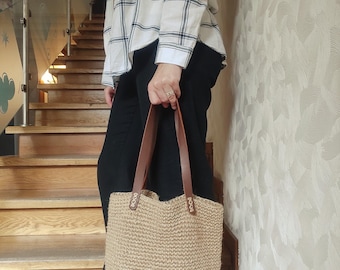 Handmade Jute Tote Bag, Leather Handles, Boho Market, Eco Friendly Shopper