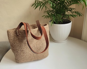 Handmade Jute Tote Bag: Rustic Boho Market Bag with Leather Handles