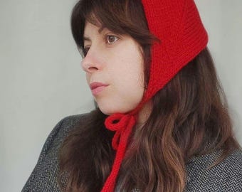 Red Cashmere Bonnet Hat, Hand Knit Merino Wool Winter Bonnet, Retro Women Bonnet With Ties, Soft Warm Vintage Style Hat