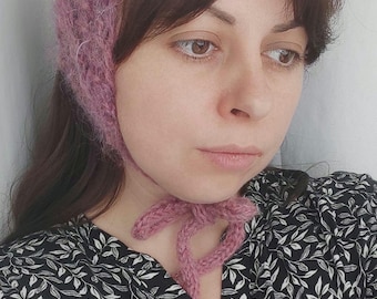 Hand-Knit Mohair Bonnet – Retro Tie Headband, Rose Winter Hat