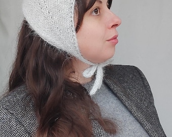 Angora Wool Bonnet, Light Grey Vintage Style, Hand Knit Bonnet Hat