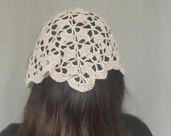 Pañuelo de ganchillo color marfil, turbante de encaje hecho a mano