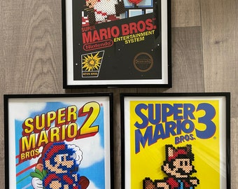 NES Super Mario Brothers 1, 2 & 3 Pixelated Box Cover Art