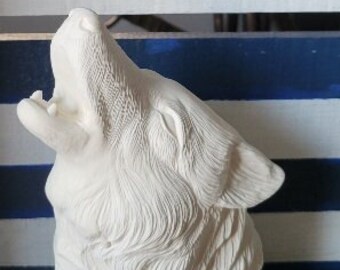 Unpainted ceramic bisque. Ready to paint ceramics. Ceramic wolf bisque to paint. Wolf carving