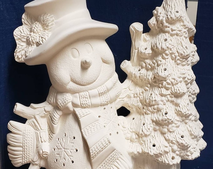 Ceramic Bisque Snowman With Tree Christmas Snowman Ready to Paint