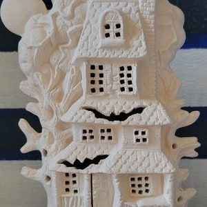 Ceramic Bisque Halloween haunted house with cut out bats ready to paint. Small Haunted House - Halloween light-up - Paint your own Pottery