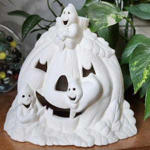 Bisque Ceramic Ghosts Carving a Pumpkin, Getting Ready for Trick-or-Treat. Ready to Paint - Ceramic Halloween Favorite! Light up decor.