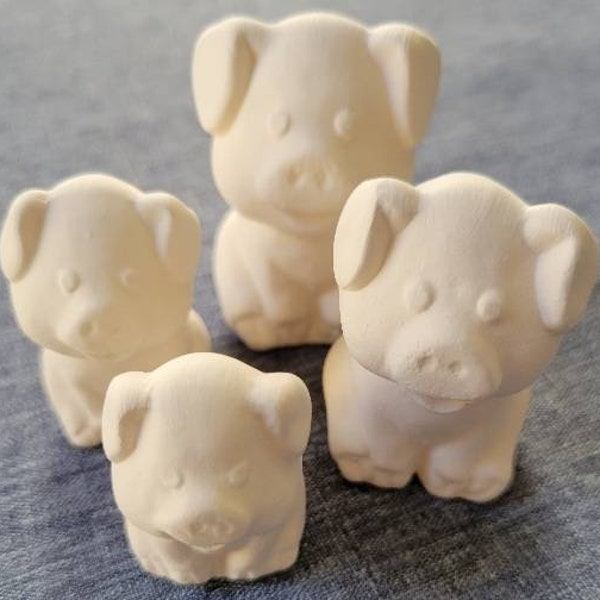 Ceramic bisque pigs, ready to paint. Set of 4 piggy family perfect farmhouse decor. Pig lover gift.