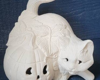 Ceramic bisque Halloween cat and pumpkin jack-o-lantern light up decoration. Ready to paint pottery. Table scape Halloween decor.