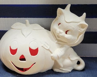 Ceramic bisque ready to paint Halloween ceramic devil cat and pumpkin. Halloween light up ceramics. Black cat ceramics. Halloween decor.