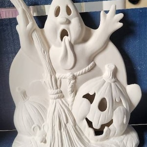 Halloween scene ceramic bisque ready to print. Cut out ghost and pumpkin. Light up ceramic Halloween. Pumpkins. Moon. Broom. Mouse.