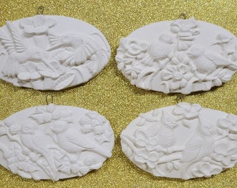 Ceramic bisque ready to ship for you to paint. Hand made ceramics unpainted. Ceramic bisque bird oval ornaments. DIY ceramics.