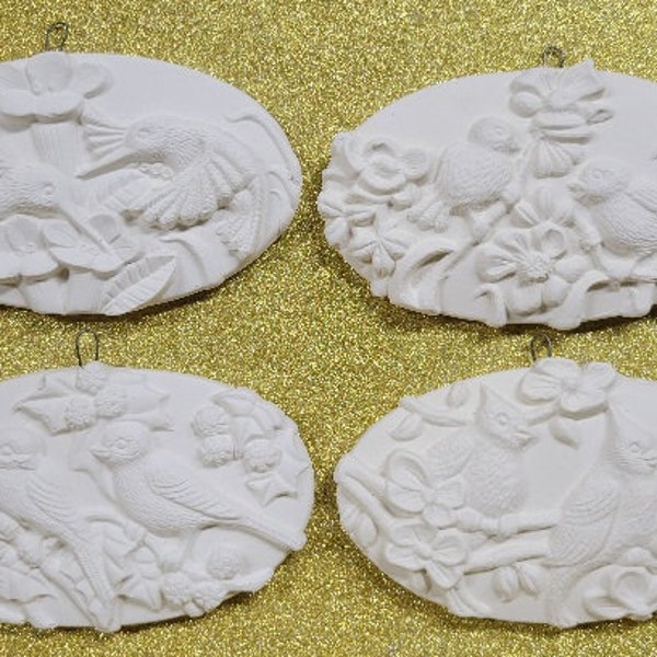 Ceramic bisque ready to ship for you to paint. Hand made ceramics unpainted. Ceramic bisque bird oval ornaments. DIY ceramics.