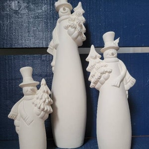 Top Hat Wearing Snowman Set. Ready to paint yourself ceramic bisque figurines. Cute winter decorations.