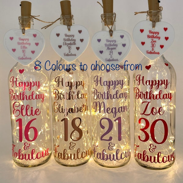 Personalised Light up Bottle,Gifts for her,Milestone Birthday,16th,18th birthday gift girl,21st keepsake,30th,40th birthday gifts for women