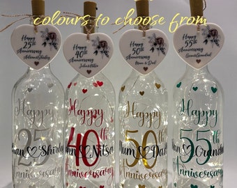 Personalised,Anniversary,Light Up Bottle,7th Copper,25th Silver,40th Ruby,50th Golden,5th,10th,15th,20th,55th,Gifts for husband,Wife,Parents