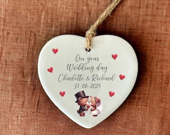 Personalised Wedding Gift, Wedding Present For Couple, Wedding Day Keepsake Plaque, Ceramic Ornament, Mr And Mrs Gift, Heart Gift Tag