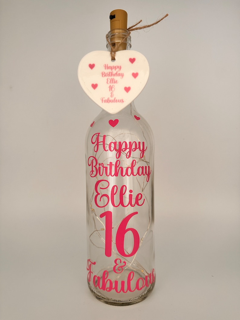 Personalised Light up Bottle,Gifts for her,Milestone Birthday,16th,18th birthday gift girl,21st keepsake,30th,40th birthday gifts for women Pink