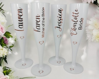 Personalised Prosecco Plastic Glass, White Champagne Flute, Bride, Bridesmaid, Hen Do Gift, Party Decor, Wedding Favours, Baby Shower, Prom