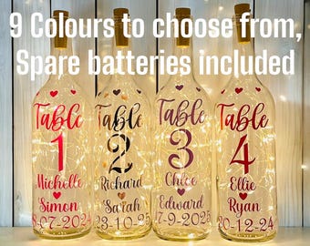 Wedding table numbers, Personalised, Table decoration, light up bottle, Wedding Table Décor, Wedding Signage, Centrepiece, Wedding Day