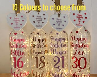 Personalised Light up Bottle,Gifts for her,Milestone Birthday,16th,18th birthday gift girl,21st keepsake,30th,40th birthday gifts for women