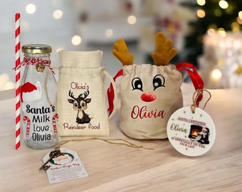 Personalised Santa milk bottle, Reindeer food, Reindeer gift bag