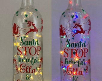 Personalised Christmas Santa Stop Here Ornament, decorations, Lantern, Xmas Gifts, Light up bottle, Home, Table centrepiece, Family Keepsake
