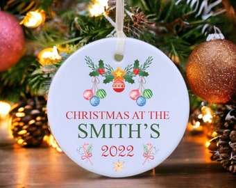 Personalised Christmas at the Ornament, Keepsake Ceramic, Custom Bauble, Family Gift, Christmas Decor, Xmas Tree Decoration.