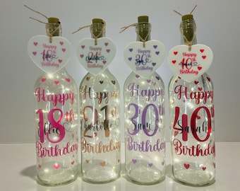 Personalised Light Up Birthday Bottle, Custom Age, Gift for Her, Party